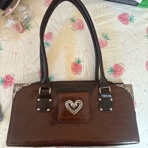 Brown and Silver Structured Shoulder Bag with Heart Emblem